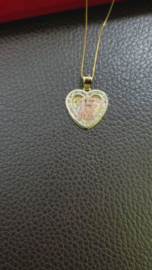 10K Solid Real Yellow Gold 15 Anos Heart Cz Pendant Charm with Box Chain