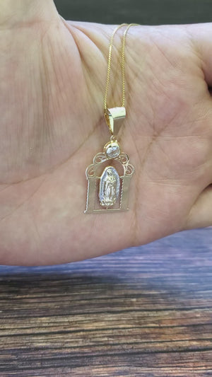 10K Solid Real Yellow & White Gold Mother Mary Gate Cz Pendant Charm with Box Chain