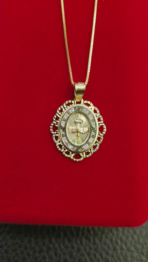 10K Solid Real Yellow Gold Cz Faith Hope Peace Pendant Charm with Box Chain