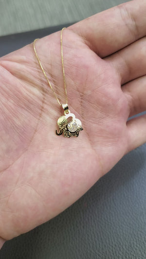 10K Solid Real Yellow Gold Elephant Cz Pendant Charm with Box Chain