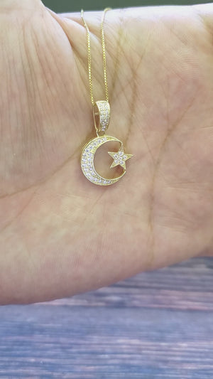 10K Solid Real Yellow Gold Cz Moon Star Pendant Charm with Box Chain