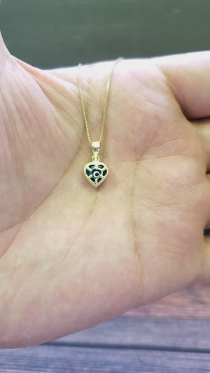 10K Solid Real Yellow Gold Evil Eye Heart Pendant Charm with Box Chain